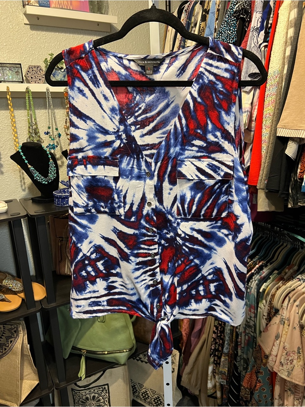 Rock & Republic Red, Blue and White Tie-Hem Sleeveless Top